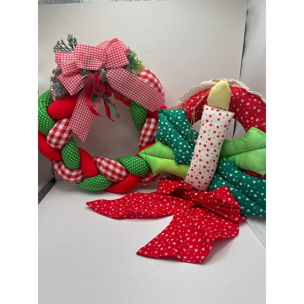 Vintage Christmas Fabric Wreaths Padded Braided Candle‎ Holiday Decor Set of 2